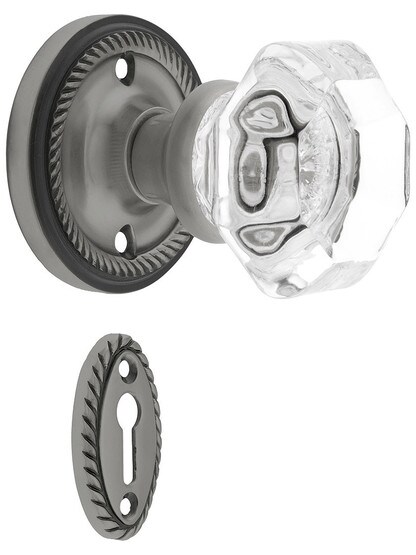 Rope Rosette Mortise Lock Set With Waldorf Crystal Knobs Antique Pewter.